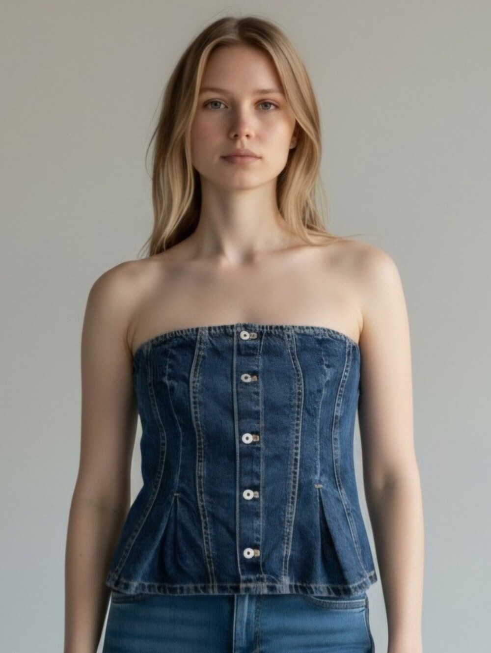 NWT Zara Blue Denim Corset Crop Top Strapless Jean Bandeau Size Medium